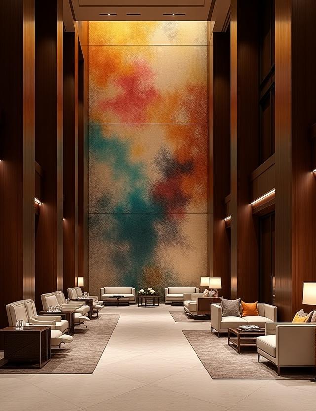 Lobby di un hotel di lusso con un murale astratto di Spettro Pareti.